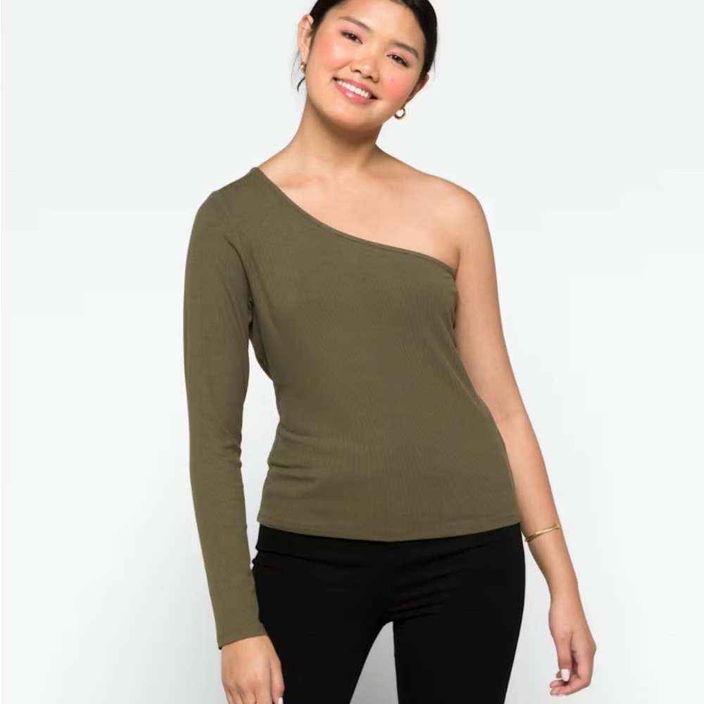 Nine Britton Khaki One-Shoulder Blouse NWOT